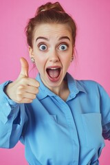Poster - A woman with a blue shirt on makes a humorous expression, great for use as an illustration or comic strip