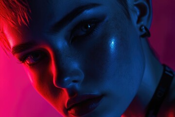 Aufkleber - A close-up shot of a woman's face lit by a vibrant neon glow