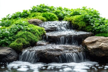 Leinwandbilder - A small waterfall flows over rocks in a peaceful garden setting, suitable for use in travel or nature-themed projects