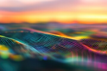 Aufkleber - A blurred image of a sunset over a green field with some trees in the background