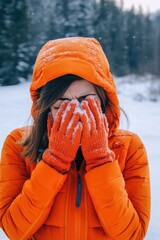 Poster - A woman in an orange jacket covers her face with her hands, conveying distress or anxiety