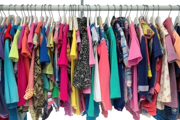 Aufkleber - A row of vibrant shirts displayed on a clothes rack, ideal for retail or fashion settings
