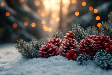 Poster - A pile of pine cones sits atop a blanket of snow, perfect for winter scenes or rustic decorations