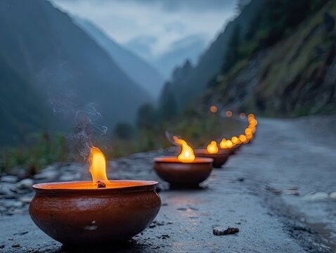 Candles illuminate mountain road at dusk; spiritual journey