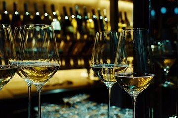 Poster - A row of wine glasses sitting on a table, ready for use or decoration