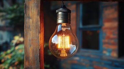 Poster - A light bulb hangs from a wooden post, simple and rustic lighting solution