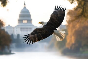 Poster - A bald eagle soaring near the US Capitol building, with a brief description and potential use suggestions