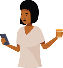 Poster - young woman holding smartphone and coffee using mobile application