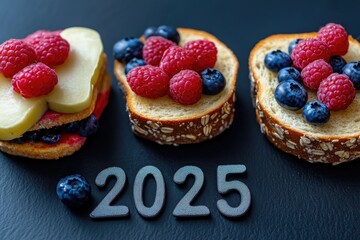 Poster - Three slices of bread topped with various fruits