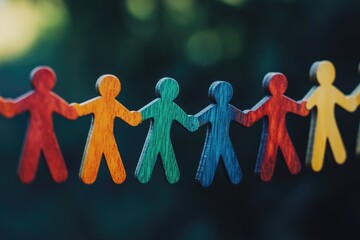 Poster - Group of wooden people holding hands, perfect for illustrations or designs where you need to convey unity and friendship