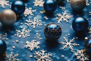 Poster - Blue and silver Christmas balls and snowflakes on a blue surface