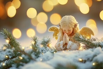Poster - A small angel perched on a snow-covered tree branch, surrounded by winter scenery