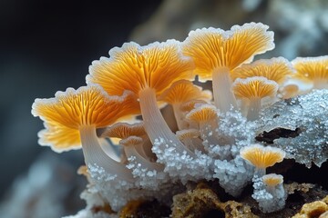 Poster - Close-up view of various types of mushrooms growing on a rocky surface