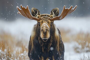 Poster - A majestic moose stands in a snow-covered field, its antlers reaching for the sky