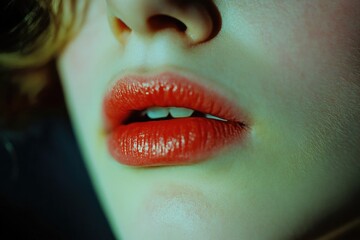 Poster - A close-up shot of a person's mouth with bright red lips, ideal for use in beauty or fashion designs