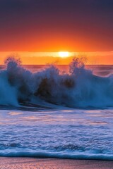 Poster - A person surfing on the water as the sun sets in the background, with warm colors and a serene atmosphere