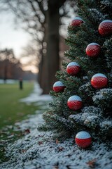 Poster - A festive Christmas tree decorated with unusual golf ball ornaments, set against a snowy backdrop