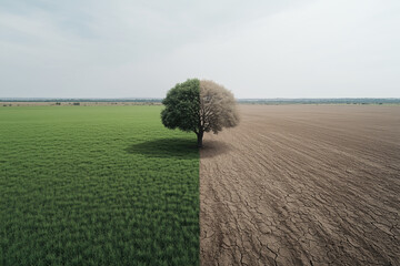 Tree of Two Worlds:  A lone tree stands as a solitary sentinel, its foliage vibrant and lush on one side, stark and barren on the other.