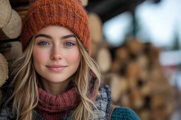 Wall Mural - Young woman dressed warmly, wearing a hat and scarf, great for winter scenes or fashion images