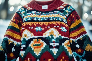 Aufkleber - A close-up of a knitted sweater with a unique pattern, perfect for fashion or textile designs