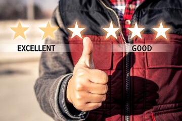 Wall Mural - person reviews a perfect 5-star customer rating on a computer monitor, testimonial and testimony, user comment and feedback for review. emphasizing online feedback and customer satisfaction. 