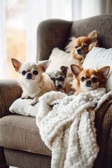 Poster - Group of small dogs sitting on top of a couch, versatile image for pet-related concepts