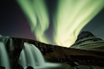 Poster - Northern Lights illuminating a waterfall at night, ideal for use in travel or nature-themed projects