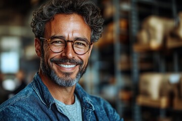 Aufkleber - A close-up shot of a man wearing glasses and a denim jacket, looking directly at the camera