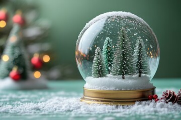 Wall Mural - A snow globe sitting on a snowy table, creating a winter wonderland scene