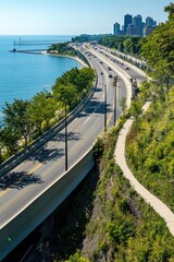 Aufkleber - A scenic view of a highway with a lake or ocean in the background, suitable for use in travel or landscape-related contexts