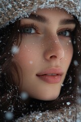 Poster - A close-up shot of a woman's face covered in snow, possibly after playing outside or experiencing a sudden snowfall