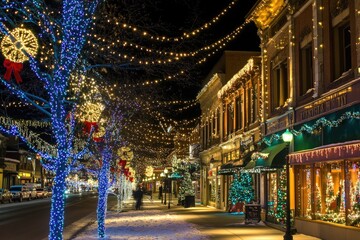 Poster - A festive city street filled with colorful Christmas lights