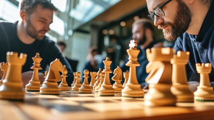 Poster - Two people sitting at a table playing a game of chess, a classic intellectual pursuit
