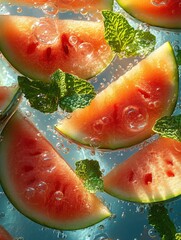 Canvas Print - Refreshing watermelon slices submerged in sparkling water with fresh mint leaves. Perfect for summer drinks, healthy eating, and vibrant backgrounds.