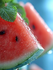 Canvas Print - Juicy watermelon slices with fresh mint leaves, glistening with water droplets.  Perfect for summer refreshment themes.