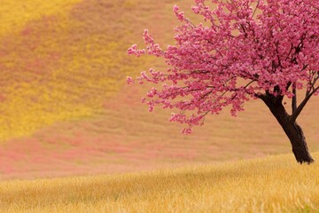 Poster - A solitary tree stands tall in a field of bright yellow grass, surrounded by nature's serenity