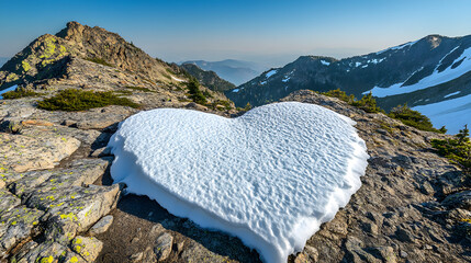occurring heart-shaped snow patch on a mountain slope under a clear blue sky