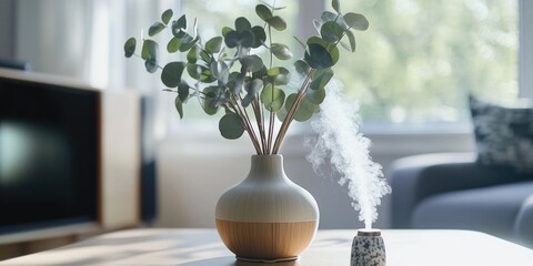Poster - A vase with a plant in it placed on a table, perfect for interior design or decorative purposes