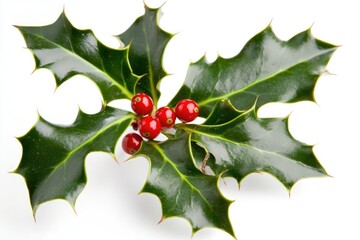 Poster - A single holly leaf with bright red berries against a white background, perfect for holiday or nature-themed designs