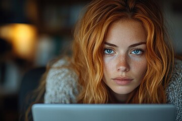 Poster - A woman with vibrant red hair is focusing on her laptop, possibly working or browsing online