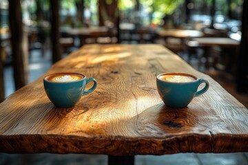 Poster - Cups of coffee on a wooden surface, suitable for office or home use