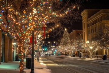 Poster - A bustling city street decorated with vibrant Christmas lights, perfect for holiday promotions or winter scenes