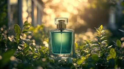 Poster - A bottle of perfume sits on a lush green field, perfect for outdoor or nature-themed scenes
