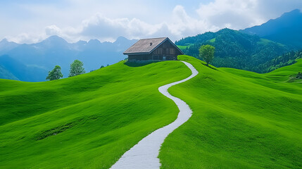 Aufkleber - A serene landscape featuring a winding path leading to a rustic house amidst lush green hills and distant mountains under a clear sky