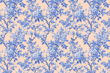 Poster - Floral Toile Tapestry Pattern. Vintage botanical wallpaper pattern. Background image. Created with Generative AI technology