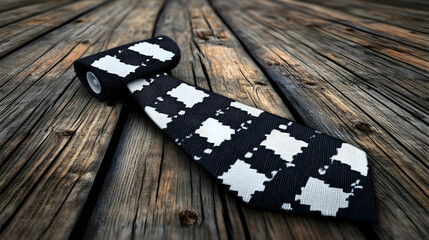 Poster - A stylish black and white patterned tie is displayed on a wooden surface, showcasing its unique design and texture