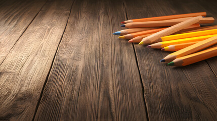 Poster - A close-up of colored pencils in shades of orange resting on a textured wooden surface, creating a warm and inviting artistic atmosphere
