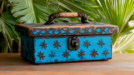Poster - A vibrant blue wooden box with intricate floral designs and a sturdy handle sits on a wooden surface, surrounded by lush green foliage