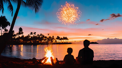 Poster - A serene beach scene at sunset with a campfire, two silhouetted figures, and fireworks lighting up the sky over a tranquil ocean