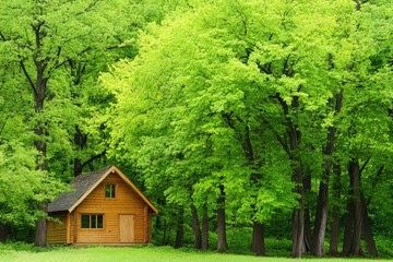 Poster - A small cabin surrounded by dense forest